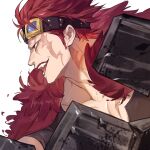  1boy cape dated eustass_kid from_side fur_cape goggles goggles_on_head highres jyukawa male_focus mechanical_arms narrowed_eyes one_piece open_mouth portrait red_cape red_eyes red_hair scar scar_on_face short_hair simple_background single_mechanical_arm solo teeth white_background 