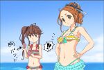  ! !! 22/7 2girls bikini blue_sky bow breast_padding brown_eyes brown_hair bxtbsy7q76gxh73 closed_mouth collarbone frilled_bikini frills hair_bow hair_ornament hair_ribbon hands_on_own_hips high_ponytail highres jitome kono_miyako long_hair looking_at_viewer multicolored_bikini multicolored_clothes multiple_girls navel notice_lines ocean ribbon side_ponytail sky smile spoken_exclamation_mark sweatdrop swimsuit toda_jun upper_body 