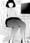  1girl absurdres blunt_bangs breasts dated greyscale hadashi_no_kenji high_heels highres long_sleeves looking_at_viewer medium_hair monitor monochrome office_lady original pantyhose pencil_skirt sitting skirt small_breasts solo speech_bubble sweater_vest swivel_chair 