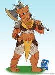  anthro bear bodypaint bottomwear breasts bruna_(golddrake) chest_wraps clothing female fur_armor greataxe hand_on_hip hi_res jewelry leg_wraps loincloth mac_and_cheese mammal midriff neck_tuft necklace pleasefeedthebear pose shoulder_pads solo tribal tuft weapon_on_shoulder wraps 