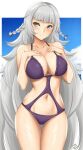  1girl absurdly_long_hair alternate_costume arcie_albano artist_logo ass_visible_through_thighs azur_lane bare_shoulders bikini blue_sky blush border braid breasts cleavage closed_mouth cloud cloudy_sky collarbone commentary_request cowboy_shot grey_eyes grey_hair hands_on_own_cheeks hands_on_own_face highres large_breasts long_hair navel outdoors outside_border purple_bikini sky smile solo swimsuit thigh_gap very_long_hair vittorio_veneto_(azur_lane) vittorio_veneto_(the_flower_of_la_spezia)_(azur_lane) white_border 
