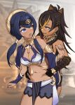  2girls ankh asymmetrical_clothes asymmetrical_sleeves bare_shoulders behind_another belly belly_grab blonde_hair blue_eyes blue_hair blush braid breasts bridal_gauntlets brown_hair candace_(genshin_impact) cowboy_shot criss-cross_halter crossed_bangs dangle_earrings dark-skinned_female dark_blue_hair dark_skin dehya_(genshin_impact) detached_sleeves earrings egyptian_clothes elbow_gloves eye_contact fingerless_gloves fingernails genshin_impact gloves gold_choker hair_ears halterneck heterochromia highres jewelry long_hair looking_at_another medium_breasts multicolored_hair multiple_girls nail_polish navel neck_ring nose_blush open_mouth purple_eyes seanji_sariel short_shorts shorts single_bridal_gauntlet single_sleeve smile stomach streaked_hair tan twintails two-tone_hair yellow_eyes 