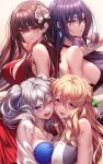  4girls amakano_2 bare_shoulders blonde_hair blue_eyes blue_ribbon braid breasts brown_hair cleavage commentary_request dress earrings green_eyes green_ribbon grey_hair hair_ribbon highres himiyama_rei jewelry kurohime_yuuhi large_breasts long_hair looking_at_viewer multiple_girls necklace one_eye_closed open_mouth piromizu purple_eyes purple_hair red_dress red_eyes ribbon sara_(amakano_2) sideboob tsutamachi_chitose twintails 