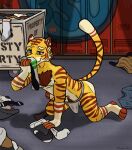 anthro body_hair chest_hair chest_tuft clothed clothing dirty_clothes felid footwear hi_res jockstrap jockstrap_only kneeling laundry leg_markings lewd_latte locker_room male mammal markings pantherine shirt sniffing socks socks_(marking) solo stripes tiger topless topwear tuft underwear underwear_only