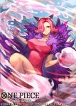  1girl charlotte_galette closed_mouth coat commentary_request copyright_name dress feathered_coat gloves hair_over_one_eye horns looking_at_viewer official_art one_piece one_piece_card_game outstretched_arm phima pink_dress pink_gloves pink_hair purple_coat short_hair sleeveless sleeveless_dress smoke solo 