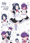  2girls apron black_dress black_hair blue_eyes blush closed_mouth dot_(pokemon) dress eyelashes frilled_apron frills hair_ornament hair_over_eyes hairclip highres holding holding_tray liko_(pokemon) maid maid_apron maid_day maid_headdress multicolored_hair multiple_girls open_mouth pink_hair pokemon pokemon_(anime) pokemon_horizons purple_eyes purple_hair short_hair smile toumei_4869 tray waist_apron white_apron 