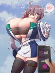 1girl 1other ahoge akebono_(kancolle) alternate_breast_size bandeau black_thighhighs blue_dress blue_sky breast_expansion breasts cellphone cloud dress fang flower gloves grey_bandeau grey_hair hair_flower hair_ornament highres huge_breasts kantai_collection long_hair open_clothes phone race_queen short_dress side_ponytail sky smartphone thighhighs white_gloves yuki_to_hana 