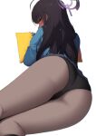  1girl ahoge ass black_hair black_panties black_socks blue_archive blue_nails blue_shirt blurry blush clothes_lift commentary covered_mouth dark-skinned_female dark_skin depth_of_field earrings feet_out_of_frame fingernails from_behind grey_skirt half-closed_eyes halo hand_up highres holding holding_pillow jewelry karin_(blue_archive) kneehighs long_hair long_sleeves looking_at_viewer looking_back lying miniskirt nail_polish on_side panties pillow pleated_skirt profile purple_halo school_uniform shirt sideways_glance skirt skirt_lift socks solo stud_earrings underwear yellow_eyes ziroqon 