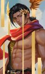  1boy abs bare_pectorals black_hair closed_mouth english_commentary hades_(series) hades_1 hades_2 head_wings hermes_(hades) highres laurel_crown looking_at_viewer male_focus muscular muscular_male nipples pectorals ponytail red_scarf scarf signature solo three_quarter_view upper_body useless_elf wings 