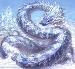  animal_focus artist_name blue_sky company_name copyright_notice day feathers frost_python full_body g.river looking_at_viewer monster monster_collection mountain mountainous_horizon no_humans official_art outdoors purple_eyes scales signature sky slit_pupils snake snow solo tree 