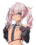  1girl ;p blush clothes_lift dark-skinned_female dark_skin flat_chest grey_hair hair_ornament hairclip jacket large_areolae lifted_by_self looking_at_viewer matsukai_mao multicolored_hair necktie nijisanji nipples one_eye_closed open_clothes open_jacket pink_eyes pink_hair puffy_nipples shirt_lift simple_background single_bare_shoulder solo streaked_hair tateumi_ken tongue tongue_out twintails two-tone_hair upper_body virtual_youtuber white_background 