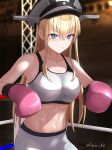  1girl absurdres bismarck_(kancolle) blonde_hair blue_eyes blush boxing_gloves breasts dangan_kurabu gloves hat highres kantai_collection large_breasts long_hair looking_to_the_side open_mouth peaked_cap pink_gloves short_shorts shorts solo sports_bra twitter_username white_sports_bra 