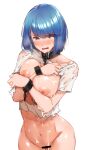  1girl ass_visible_through_thighs azur_lane bar_censor blue_hair blush bottomless breast_press breasts censored chain chapayev_(azur_lane) chapayev_(the_captive_cavalier)_(azur_lane) closed_mouth commentary_request cowboy_shot cuffs cum cum_on_body cum_on_breasts facial groin highres inverted_nipples large_breasts looking_at_viewer midriff mole mole_on_breast navel nipples official_alternate_costume puffy_nipples shiny_skin shirt simple_background tears tokiwa_midori_(kyokutou_funamushi) torn_clothes torn_shirt wavy_mouth white_background 