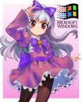  1girl 3.1-tan absurdres black_pantyhose bow bowtie brown_eyes commentary_request dress grey_hair hair_bow highres long_hair long_sleeves looking_at_viewer microsoft_windows os-tan pantyhose purple_bow purple_bowtie purple_dress smile solo tsukiyono_aroe v 