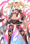  1girl absurdres armor belt black_gloves black_hairband blonde_hair blue_eyes boots breasts cleavage gauntlets gloves granblue_fantasy groin hair_intakes hair_ornament hairband highres holding holding_weapon jourd4n long_hair looking_at_viewer medium_breasts midriff navel short_shorts shorts sidelocks skirt smile solo standing stomach thigh_boots thighhighs thighs twintails very_long_hair weapon weapon_request white_background zeta_(granblue_fantasy) 