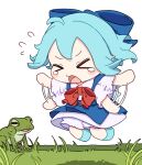  &gt;_&lt; 1girl animal bloomers blue_bow blue_dress blue_footwear blue_hair blush_stickers bow cirno collared_shirt dress fairy flying_sweatdrops frog fumo_(doll) hair_between_eyes hair_bow highres ice ice_wings kame_(kamepan44231) open_mouth shirt shoes short_hair short_sleeves simple_background solo touhou white_background white_bloomers white_shirt wings 