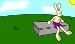 animated anthro big_feet bottomwear buckteeth chest_tuft clothing feet floating_ears happy jason_burrow jay_jay_the_lucky_rabbit lagomorph leporid looking_at_viewer male mammal purple_clothing rabbit shorts simple_coloring simple_eyes simple_face sitting solo surprised_expression swift_bristle swinging_legs tail tail_motion tailwag teeth tuft