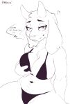  anthro big_breasts biped bovid breast_grab breasts caprine clothed clothing digital_media_(artwork) female female_anthro fur goat hand_on_breast hi_res horn looking_at_viewer mammal mature_anthro mature_female nyxartstation simple_background smile solo text thick_thighs toriel undertale undertale_(series) white_body white_fur wide_hips 