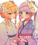  2girls alternate_costume blonde_hair blue_eyes blue_hair blue_kimono chiroron commentary_request feeding flower food fox_mask genshin_impact hair_flower hair_ornament hair_ribbon hair_tubes highres holding holding_food japanese_clothes kamisato_ayaka kimono light_blue_hair looking_at_another lumine_(genshin_impact) mask mask_on_head multiple_girls obi open_mouth pink_ribbon pink_sash ponytail ribbon sash short_hair short_hair_with_long_locks simple_background snowflake_print upper_body white_background white_kimono yellow_eyes 