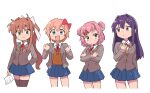  4girls blue_eyes bow brown_hair brown_thighhighs crossed_arms doki_doki_literature_club dot_nose hair_bow hair_intakes hair_ornament hairclip jacket long_hair long_sleeves looking_at_viewer monika_(doki_doki_literature_club) multiple_girls natsuki_(doki_doki_literature_club) open_mouth pink_eyes pink_hair pleated_skirt ponytail purple_eyes purple_hair red_bow red_ribbon ribbon sayori_(doki_doki_literature_club) school_uniform short_hair short_twintails simple_background skirt thighhighs tsubobot twintails uniform white_background white_bow yuri_(doki_doki_literature_club) 