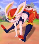 2020 ambiguous_gender anthro athletic athletic_anthro bent_over_with_legs_held_straight boobacafe breasts butt butt_grab clothing female female/ambiguous generation_8_pokemon hand_on_butt hi_res human human_on_anthro interspecies lagomorph leporid looking_at_viewer mammal nintendo oral outside pokemon pokemon_(species) rabbit scorbunny stretching torn_clothing
