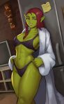 abs absurd_res athletic bathrobe braided_hair clothing detailed_background ethrk fangs female green_body green_skin hair hi_res humanoid humanoid_pointy_ears leaning leaning_backward lingerie long_hair looking_at_viewer orange_eyes orc original_character red_hair robe smile smiling_at_viewer solo teeth teeth_showing thick_thighs