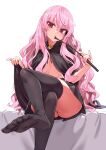  1girl asanagi ass black_skirt black_thighhighs blush cape crossed_legs feet flat_chest highres long_hair looking_at_viewer louise_francoise_le_blanc_de_la_valliere open_mouth pink_eyes pink_hair shiny_skin sitting skirt solo thighhighs toes topless whip zero_no_tsukaima 