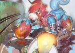  all_fours anthro armor athletic athletic_anthro athletic_male bandai_namco blue_body claws crawling digimon digimon_(species) flamedramon headgear helmet hi_res looking_at_viewer male red_eyes skink_hisshiss solo water 