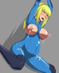  1girl blonde_hair blue_eyes blush breastless_clothes breastless_clothing breasts broken_rape_victim dutch_angle empty_eyes fucked_silly highres lactation large_breasts latex lipstick long_hair makeup metroid ml nipples no_bra oneekyou open_mouth ponytail pregnant samus_aran simple_background sitting solo wariza 