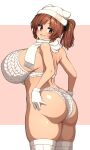  1girl absurdres ass blush breasts brown_eyes brown_hair commentary from_side gloves hat highres huge_breasts looking_at_viewer maki_(makino_momiji) makino_momiji_(artist) meme_attire original panties pink_background scarf simple_background smile solo thighhighs twintails underwear virgin_killer_outfit white_gloves white_hat white_panties white_scarf white_thighhighs 