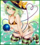  1girl 2023 artist_name ass between_legs bikini black_hat black_thighhighs blush bow breasts closed_mouth commentary_request dated eyeball green_background green_eyes green_hair green_thighhighs hair_between_eyes hand_between_legs hand_up hat hat_bow hat_ribbon heart heart_of_string holding_eyeball kneeling knees_out_of_frame komeiji_koishi leaning_forward looking_at_viewer marker_(medium) medium_hair no_shoes nordic_niku ribbon side-tie_bikini_bottom simple_background skindentation small_breasts smile solo split_mouth striped_clothes striped_thighhighs swimsuit thighhighs thighs third_eye touhou traditional_media wavy_hair yellow_bow yellow_ribbon 
