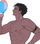  1boy abs ball bara from_side grin holding holding_ball large_pectorals male_focus multiple_scars muscular muscular_male navel nipples original pectorals profile scar smile solo thick_eyebrows upper_body volleyball yotti 