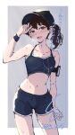 1girl alternate_costume armband blush breasts breath brown_eyes brown_hair collarbone commentary contemporary contrapposto cowboy_shot dated earbuds earphones fingernails gym_shorts hand_on_forehead highres kaga_(kancolle) kantai_collection ld_(luna_dial398) long_hair medium_breasts midriff navel open_mouth shorts side_ponytail signature simple_background solo sports_bra sportswear steam sweat teeth translated upper_teeth_only wristband 