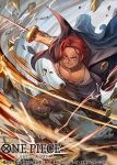  1boy beard cape commentary_request electricity facial_hair floating_clothes holding holding_sword holding_weapon leg_hair light_smile male_focus official_art one_piece one_piece_card_game pebble phima red_hair scar scar_on_face shanks_(one_piece) short_hair slashing solo sword weapon 