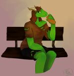  absurd_res anthro argonian bench bread brown_clothing brown_hair clothing female food green_body green_scales hair hi_res horn nel-tei_(golddrake) scales scalie sitting smile solo the_elder_scrolls torn_clothing unknown_artist 