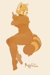 2024 absurd_res aggretsuko ailurid anthro belly bottomless breasts brown_body brown_fur butt clothed clothing colored covering covering_breasts covering_self digital_drawing_(artwork) digital_media_(artwork) female fluffy fluffy_tail fur hi_res mammal murizy nude orange_body orange_fur raised_arm red_panda retsuko sanrio simple_background sitting slightly_chubby solo tail thick_thighs topless