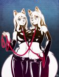  2011 anthro black_collar blue_eyes bottomwear breasts canid canine canis clothed clothing collar digital_media_(artwork) duo female holding_leash holding_object krowzi leash mammal pants red_leash wolf 