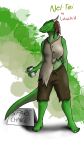  anthro argonian brown_hair clothing container cup female green_body green_scales hair hi_res horn lotuschild nel-tei_(golddrake) paint_splatter poor scales scalie sign solo tail text the_elder_scrolls torn_clothing 