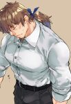  1boy bara belt black_belt brown_background brown_hair buttons closed_eyes closed_mouth collared_shirt facial_hair fate/grand_order fate_(series) goatee grey_pants hector_(fate) highres imoda large_pectorals male_focus pants pectorals ponytail shirt simple_background solo sweatdrop translation_request white_shirt 