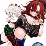  1girl ayahi_4 black_nails black_shirt black_thighhighs breasts cake choker clothes_writing dutch_angle earth_(ornament) food hecatia_lapislazuli highres holding holding_cake holding_food looking_at_viewer midriff_peek multicolored_clothes multicolored_skirt plaid plaid_skirt red_eyes red_hair shirt simple_background skirt smile solo thighhighs tongue tongue_out touhou underworld_(ornament) v white_background 