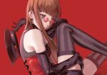  1girl absurdres black_gloves blue_eyes blunt_bangs brown_hair closed_mouth dutch_angle elbow_gloves gloves grey_thighhighs hat highres holding holding_clothes holding_hat long_hair persona persona_5 persona_5:_dancing_star_night persona_dancing red-tinted_eyewear red_background round_eyewear sakura_futaba sitting solo ssssantn straight_hair striped_clothes striped_thighhighs sunglasses thighhighs tinted_eyewear unworn_hat unworn_headwear 