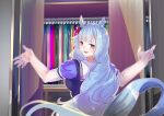  1girl animal_ears blue_hair blush closet commentary_request commission doushi_tatsu_to_dekkai_no ear_ornament elbow_gloves gloves highres horse_ears horse_girl horse_tail looking_at_viewer mejiro_ardan_(umamusume) open_mouth pixiv_commission puffy_short_sleeves puffy_sleeves purple_eyes purple_shirt school_uniform shirt short_sleeves smile solo summer_uniform tail textless_version tracen_school_uniform umamusume upper_body 