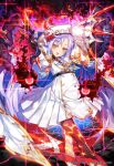  1girl :d age_of_ishtaria arms_up black_gloves cagliostro_(age_of_ishtaria) copyright_notice creature fire frilled_sleeves frills gloves hat highres horns leg_up long_hair looking_at_viewer military_uniform munlu_(wolupus) open_mouth orange_eyes purple_hair single_horn single_leg_pantyhose smile solo uniform white_hat wide_sleeves 