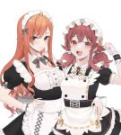  2girls :d ahoge alternate_costume apron arisugawa_natsuha bow bowtie breasts detached_collar enmaided grey_eyes hand_on_another&#039;s_shoulder hand_on_another&#039;s_waist hat highres idolmaster idolmaster_shiny_colors komiya_kaho long_hair looking_at_viewer low_twintails maid maid_apron maid_headdress mob_cap multiple_girls official_alternate_costume orange_hair red_eyes red_hair short_sleeves side-by-side simple_background smile twintails white_background wrist_cuffs yxxxllpo 