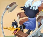  anatid anseriform anthro ass_up avian barber_chair beak bird black_body black_feathers butt daffy_duck duck feathers forced hi_res looney_tunes male massaging mechanical_barber_chair robot_arm scrub_brush solo strapped_to_a_chair tail tail_feathers warner_brothers zdrer456 