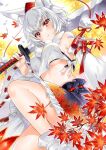  1girl 2023 animal_ear_fluff animal_ears arm_at_side armpit_crease artist_name autumn autumn_leaves bare_shoulders black_skirt blush bow breasts bright_pupils closed_mouth commentary_request dated detached_sleeves eyes_visible_through_hair falling_leaves feet_out_of_frame foreshortening from_below hair_between_eyes hand_up hat holding holding_sword holding_weapon inubashiri_momiji knee_up leaf leaf_print long_sleeves maple_leaf maple_leaf_print marker_(medium) midriff no_bra nordic_niku pom_pom_(clothes) print_skirt red_bow red_eyes red_hat red_ribbon ribbon ribbon-trimmed_sleeves ribbon_trim shirt shirt_bow short_hair simple_background skirt sleeve_bow sleeveless sleeveless_shirt solo split_mouth sword tokin_hat touhou traditional_media turtleneck two-tone_background two-tone_skirt underboob weapon white_background white_bow white_hair white_shirt wide_sleeves wolf_ears wolf_girl yellow_background 