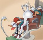  anatid anseriform anthro ass_up avian barber_chair beak bird butt clothing cologne daisy_duck disney duck feathers female footwear forced hi_res high_heels mechanical_barber_chair mostly_nude robot_arm scissors solo strapped_to_a_chair tail tail_feathers white_body white_feathers zdrer456 
