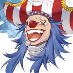  1boy bicorne blue_eyes blue_feathers buggy_the_clown clown_nose colored_sclera facepaint feathers gloves grey_eyes hat hat_feather highres jyukawa long_hair looking_at_viewer male_focus one_piece open_mouth portrait red_hat red_lips skull_and_crossbones solo striped_clothes striped_headwear teeth two-tone_hat white_gloves white_hat yellow_sclera 