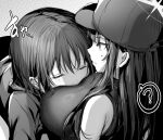  2girls ? baseball_cap blue_archive breast_pillow breasts closed_eyes greyscale hair_between_eyes halo hat hood hood_down hoodie large_breasts long_hair looking_at_another misaki_(blue_archive) monochrome multiple_girls saori_(blue_archive) shirt short_hair sleeping sleeveless sleeveless_shirt spoken_question_mark uko_magi 
