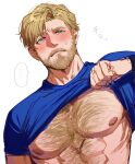  ... 1boy abs alternate_body_hair alternate_facial_hair bara beard blonde_hair blue_shirt blush chest_hair closed_mouth clothes_lift crazy_kinoko dutch_angle facial_hair highres large_pectorals lewis_smith lifted_by_self looking_at_viewer male_focus muscular muscular_male mustache nipples pectorals shirt shirt_lift simple_background sketch solo spoken_ellipsis sweatdrop upper_body white_background yuuki_bakuhatsu_bang_bravern 